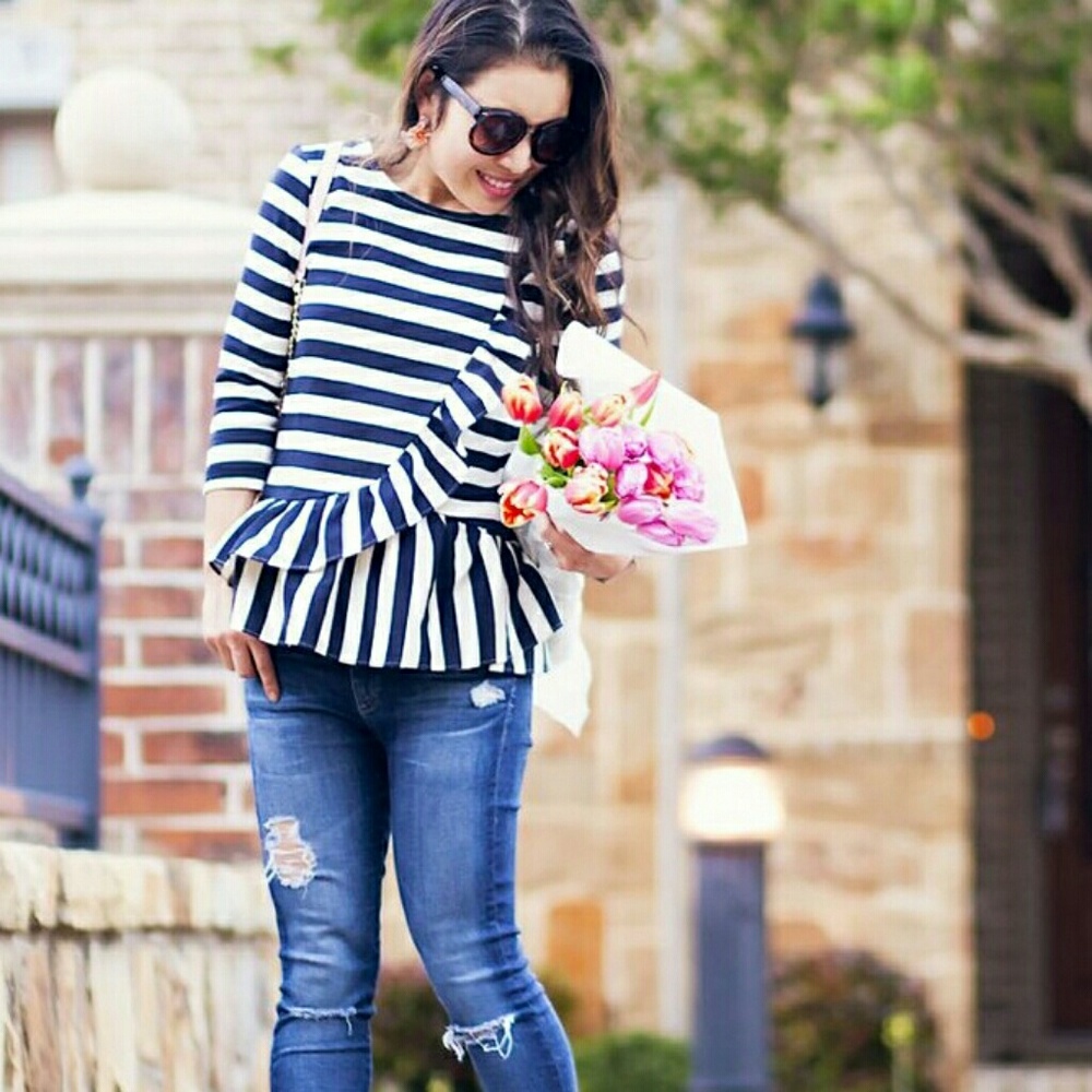 J.Crew Asymetrical Striped Ruffle Top Peplum